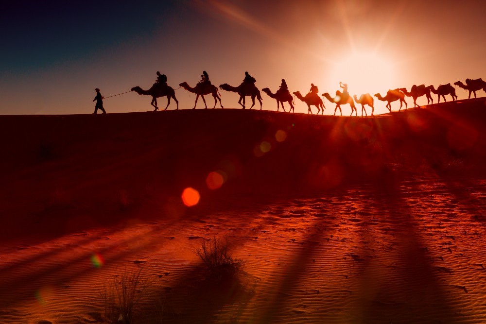 arab people with camel caravan